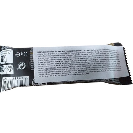 Baton proteic crocant cu ciocolata si caramel High Protein Toffee Crunchy, 55 g, Isostar 603880