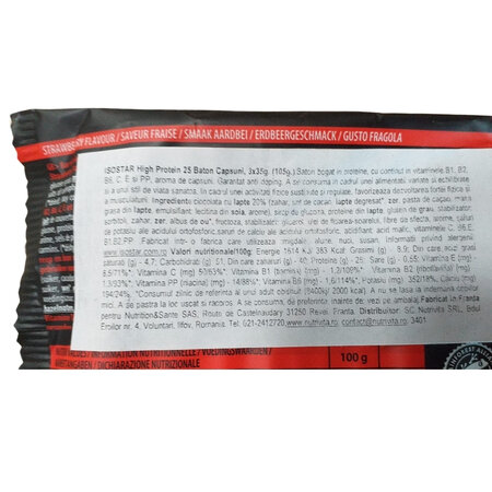 Baton proteinc cu aroma de capsuni High Protein Sport Bar, 3 x 35 g, Isostar 603904