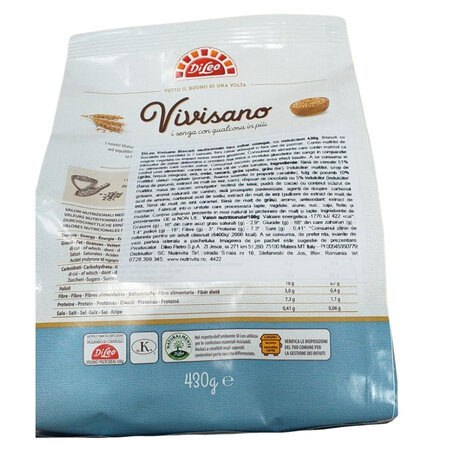 Biscuiti cu multicereale si bucati de ciocolata fara zahar adaugat, 430 g, Vivisano 603972