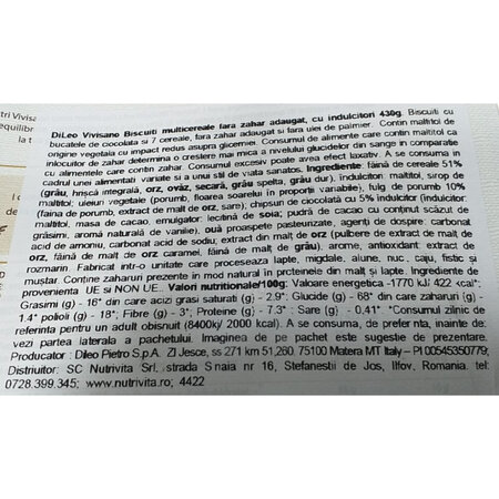Biscuiti cu multicereale si bucati de ciocolata fara zahar adaugat, 430 g, Vivisano 603973