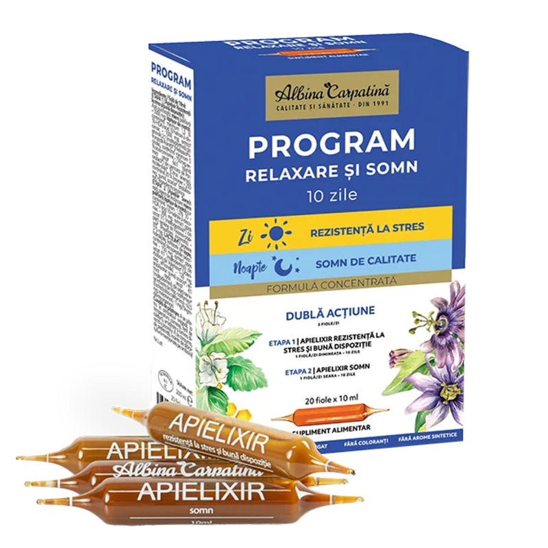 Apielixir program de relaxare si somn 10 zile, 20 fiole, Albina Carpatina