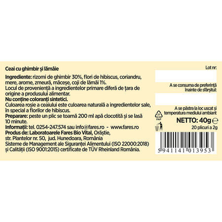 Ceai cu ghimbir 30% si lamaie, 20 plicuri, Fares 604306