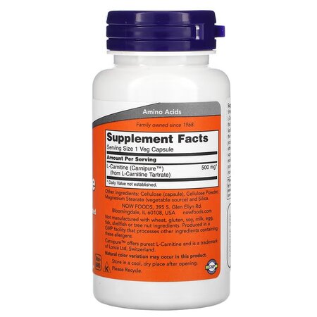 L-Carnitina Carnipure, 500 mg, 60 capsule vegetale, Now Foods 605307