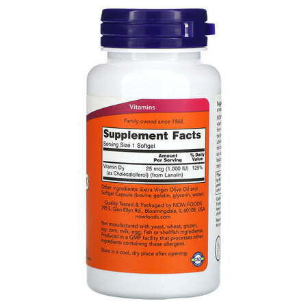 Vitamina D-3, 1,000 UI, 180 gelule moi, Now Foods 605352