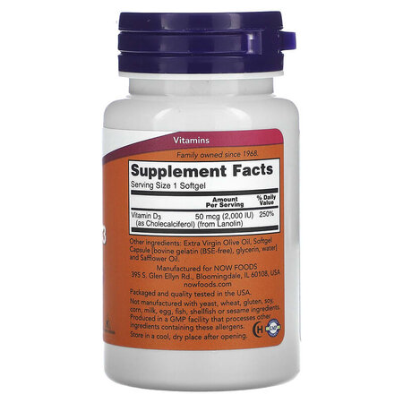 Vitamina D-3, 2,000 UI, 120 gelule moi, Now Foods 605355