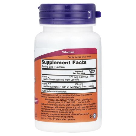 Vitamina D-3 Cu Vitamina K-2, 5,000 IU, 60 capsule vegetale, Now Foods 605373