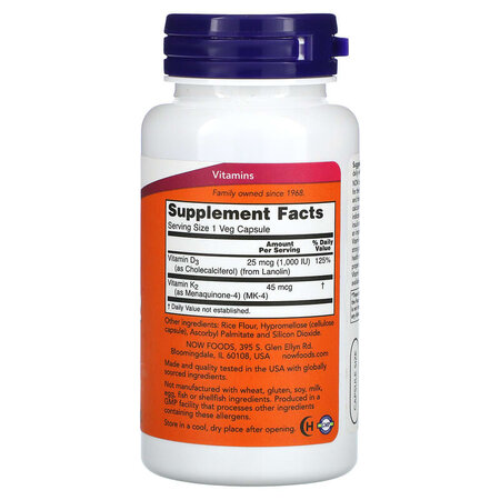 Vitamina D-3 1000UI Si K2 MK4 45 mcg, 120 capsule vegetale, Now Foods 605393