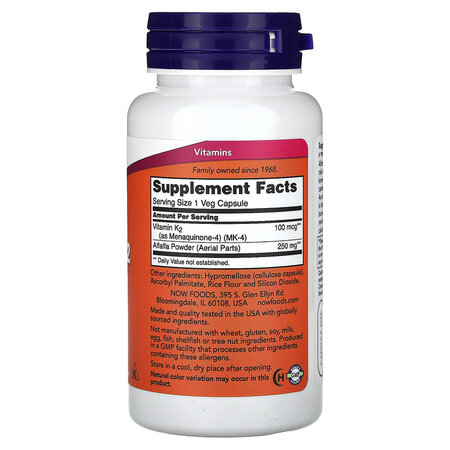 Vitamina K-2, 100 mcg, 100 capsule vegetale, Now Foods 605433