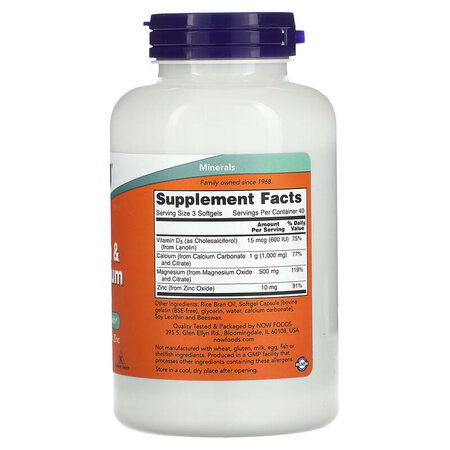 Calciu si magneziu cu vitamina D-3 și zinc, 120 gelule moi, Now Foods 605437