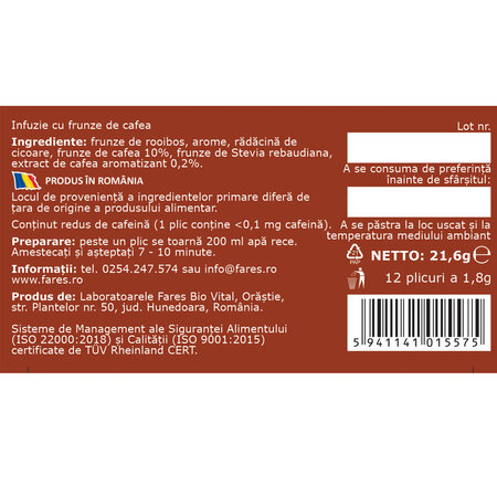 Ceai rece cu frunze de cafea-ceai, 12 plicuri, Fares 620933