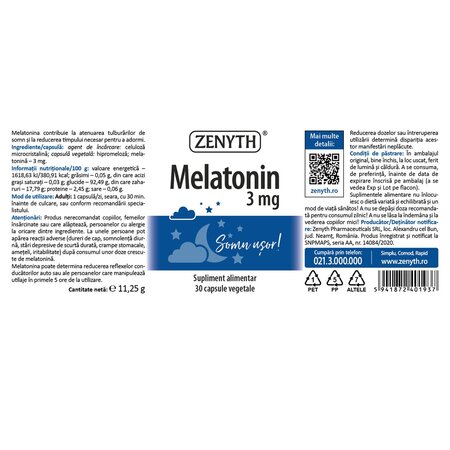 Melatonin, 3 mg, 30 capsule vegetale, Zenyth 701635