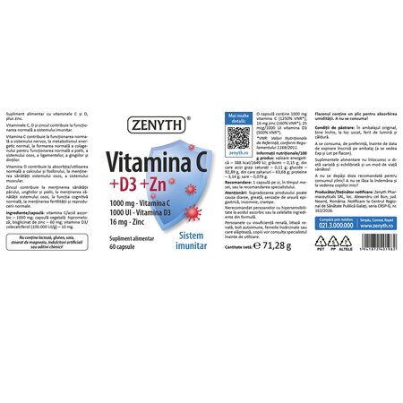 Vitamina C +D3 +Zn, 60 capsule, Zenyth 702670