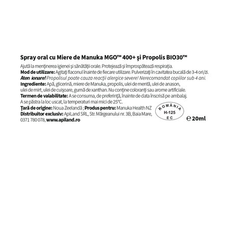 Spray oral cu miere de Manuka MGO 400 si propolis, 20 ml, Manuka Health 691919