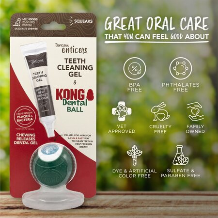 Set Gel dentar cu aroma de piept de vita afumat Enticers 29.6 ml+minge pentru dentitie Kong MD 1 bucata, Tropiclean 606224