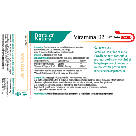 Vitamina D2 naturala, 2000 UI, 30 capsule, Rotta Natura 598190