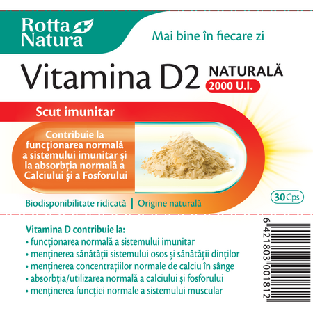Vitamina D2 naturala, 2000 UI, 30 capsule, Rotta Natura 598189