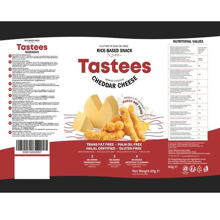 Snack din orez cu aroma de branza Cheddar, 65 g, Tastees 606936
