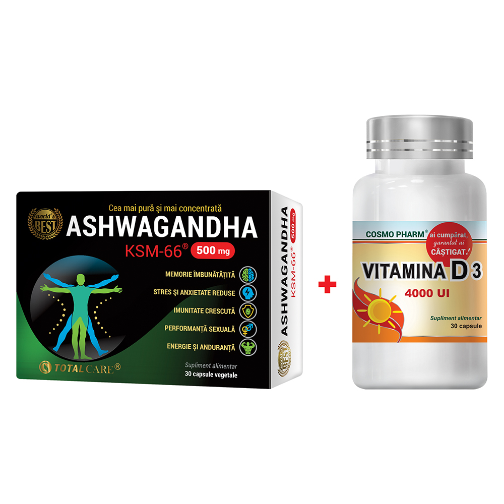 Ashwagandha KSM-66, 30 capsule + Vitamina D3 4000 UI, 60 capsule, Cosmopharm