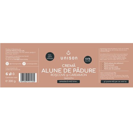 Crema de alune de padure cu roscove si cardamon, 300 g, Unison 607935