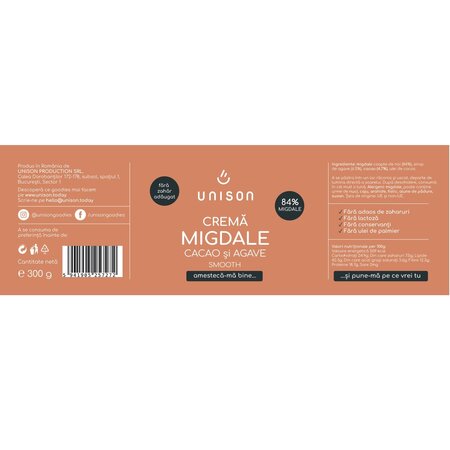 Crema de migdale cu cacao si agave, 300 g, Unison 607938