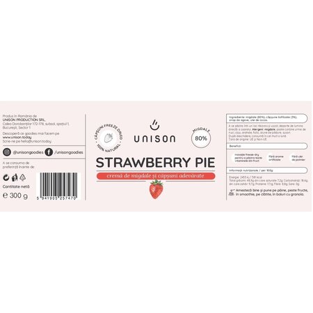 Crema de migdale si capsuni Strawberry Pie, 300 g, Unison 607957