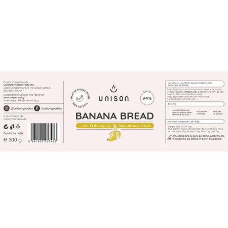 Crema de caju si banane Banana Bread, 300 g, Unison 607945