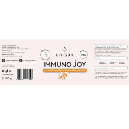 Crema de migdale cu catina bio si agave Immuno Joy, 300 g, Unison 607953