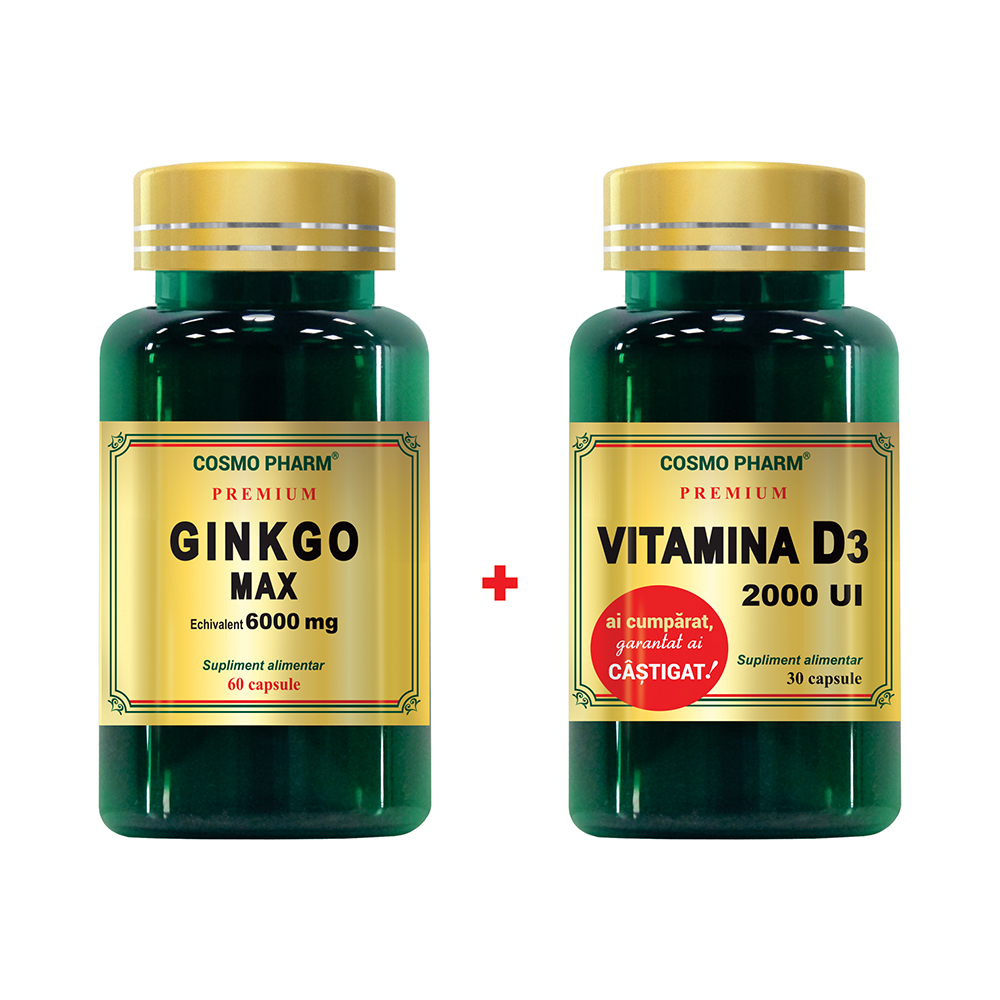 Premium Ginkgo Max 6000 mg, 60 capsule + Vitamina D3 2000 UI, 30 capsule, Cosmopharm