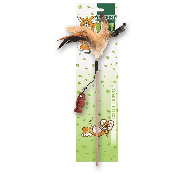 Jucarie pentru pisici undita cu peste si pene 40 cm Caty Natural, 1 bucata, Tatrapet