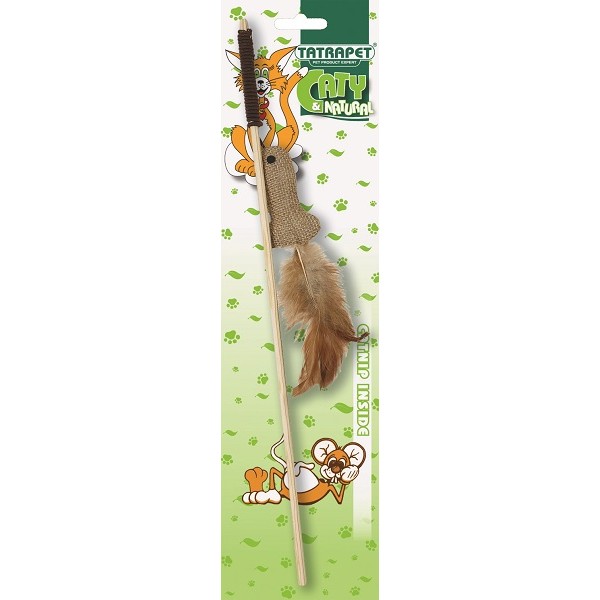 Jucarie pentru pisici undita cu soarece, pene si catnip 40 cm Caty Natural, 1 bucata, Tatrapet