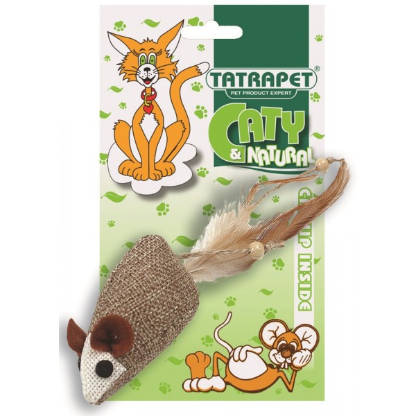 Jucarie pentru pisici cu soarece, pene si catnip 18 cm Caty Natural, 1 bucata, Tatrapet