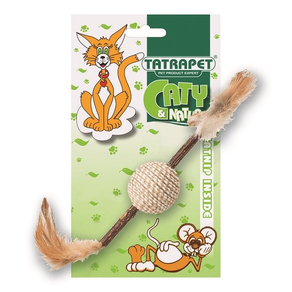 Jucarie pentru pisici bat cu minge si pene 24 cm Caty Natural, 1 bucata, Tatrapet