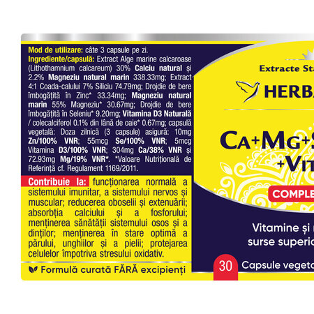 Ca + Mg + S e+ Si + Zn cu Vitamina D3 Complex Forte, 30 capsule, Herbagetica 688256