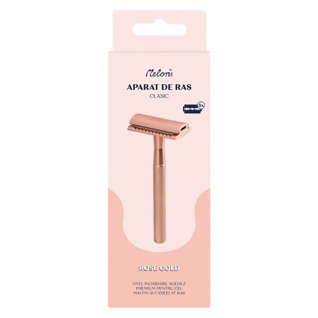 Aparat de ras clasic cu lama din otel inoxidabil rose gold + rezerve, Meloni 608542