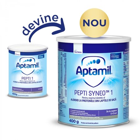 Lapte praf pentru alergii si intolerante usoare Pepti Syneo 1, 0-6 luni, 400 g, Aptamil 608657