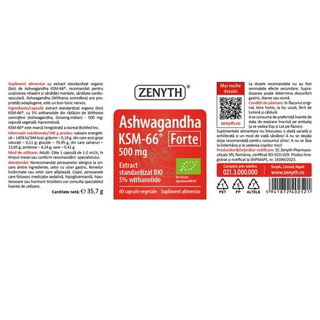 Ashwaghanda KSM-66 Forte, 500 mg, 60 capsule, Zenyth 701565