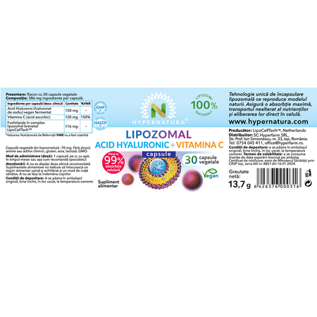 Lipozomal Acid Hyaluronic + Vitamina C, 30 capsule vegetale, Hypernatura 703750