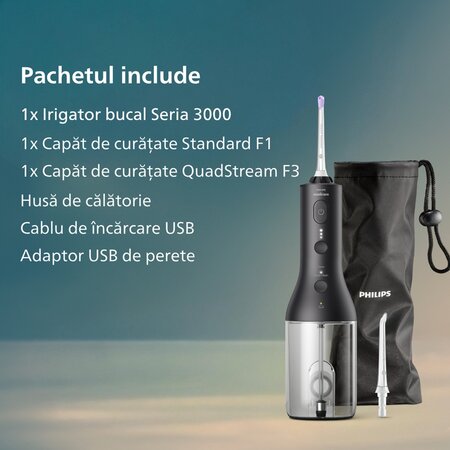 Irigator bucal portabil negru HX3826/33, 1 bucata, Philips Sonicare 732480