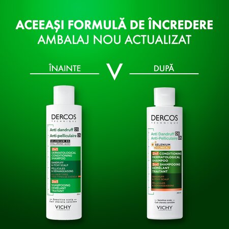 Sampon si balsam 2 in 1 antimatreata pentru scalp cu senzatie de mancarime Dercos, 200 ml, Vichy 748113