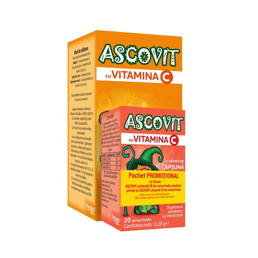 Pachet Ascovit cu vitamina C si aroma de portocala 100 mg x 60 comprimate  + Ascovit cu Vitamina C si aroma de capsuni 100 mg x 20 coprimate, Perrigo