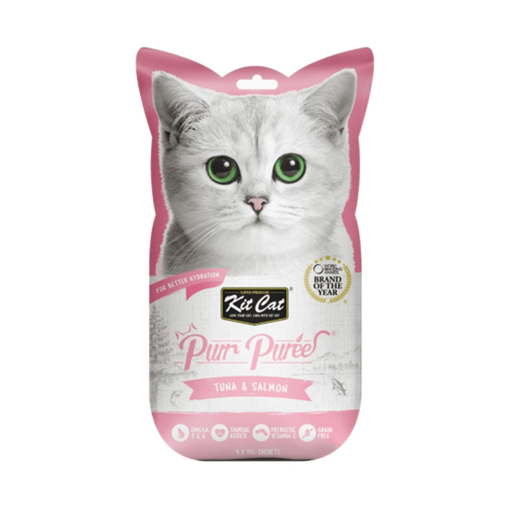 Recompense lichide cu ton si somon pentru pisici Purr Puree, 4x15g, Kit Cat