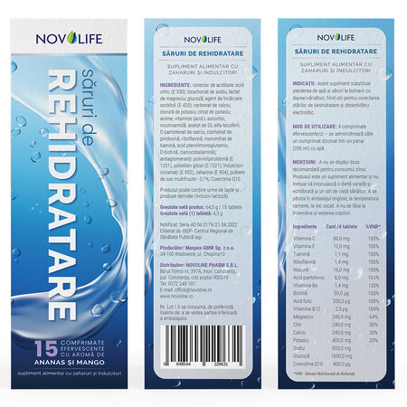 Saruri de rehidratare cu aroma de ananas și mango, 15 comprimate efervescente, Novolife 610045