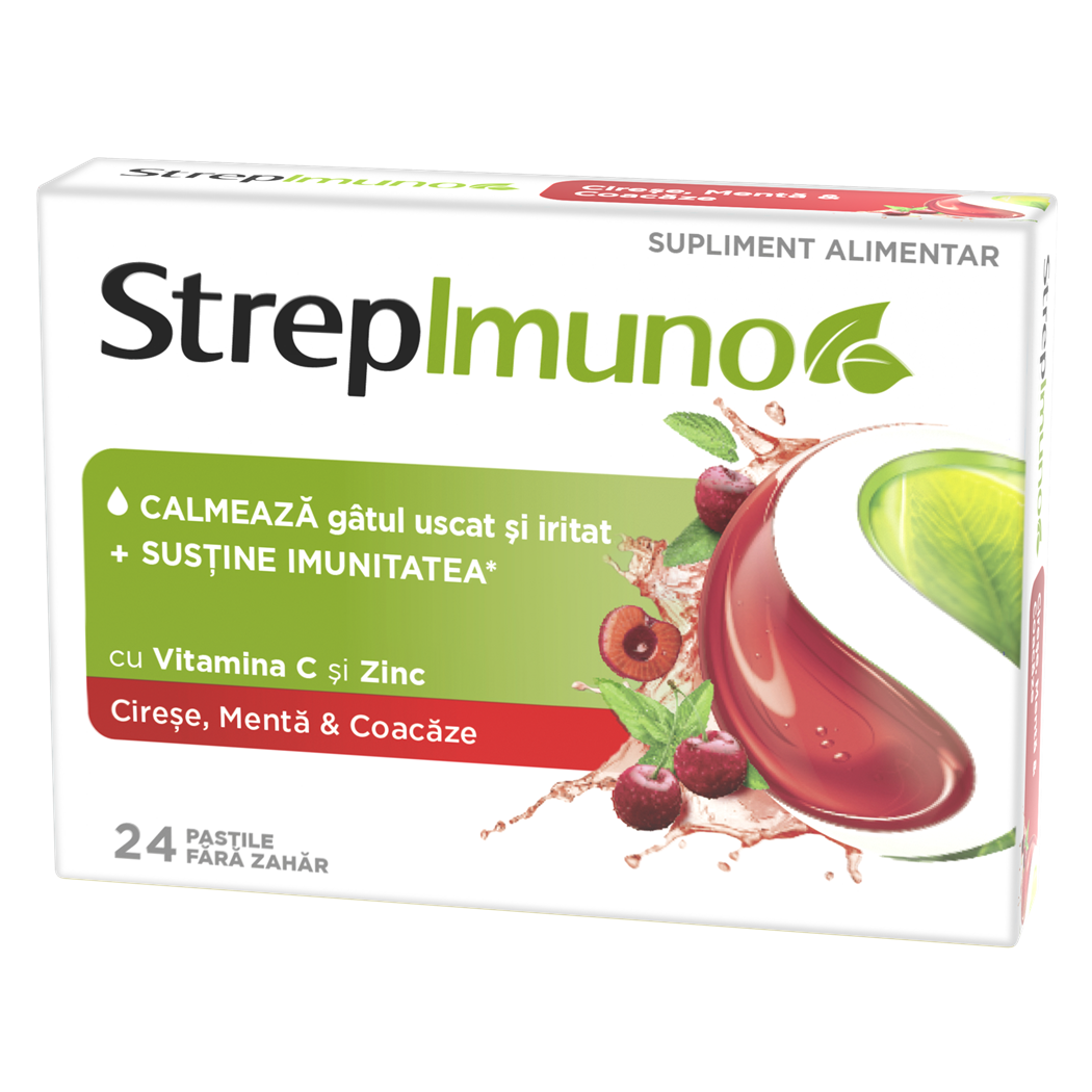 Strepimuno cu cirese, menta si coacaze, 24 pastile de supt, Reckitt Benckiser