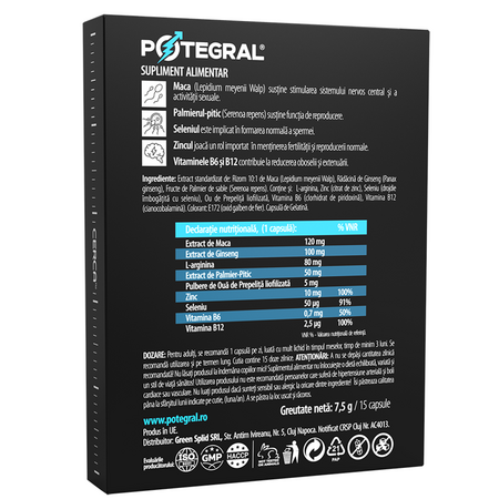 Supliment pentru potenta Potegral For Him, 15 capsule, Green Splid 673765