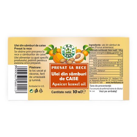 Ulei din samburi de caise, 10 ml, Herbavit 705872