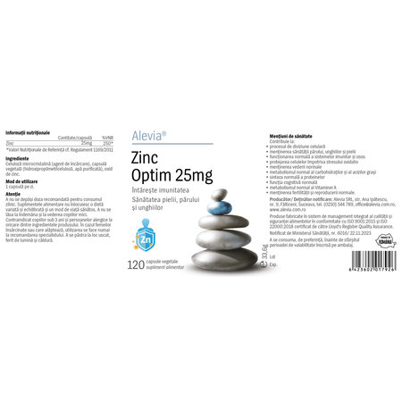Zinc Optim, 25 mg, 120 capsule vegetale, Alevia 611988