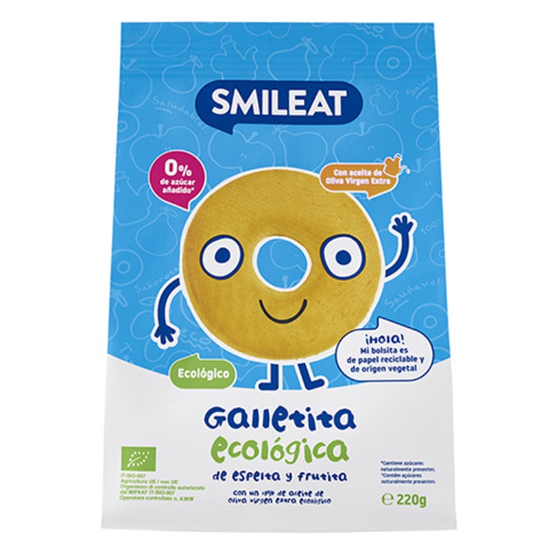 Biscuiti bio din grau spelta si mar, 220 g, Smileat