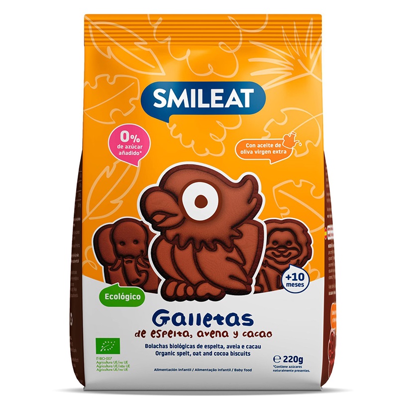 Biscuiti Bio din grau spelta si cacao in forma de animalute, 220 g, Smileat