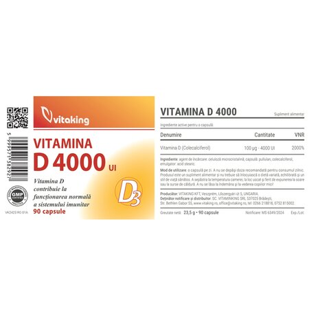 Vitamina D3, 4000 UI, 90 capsule, Vitaking 612617