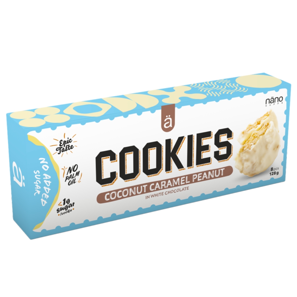 Biscuiti proteici cu ciocolata alba, cocos, caramel si alune Protein Cookies, 128 g, Nano Supps